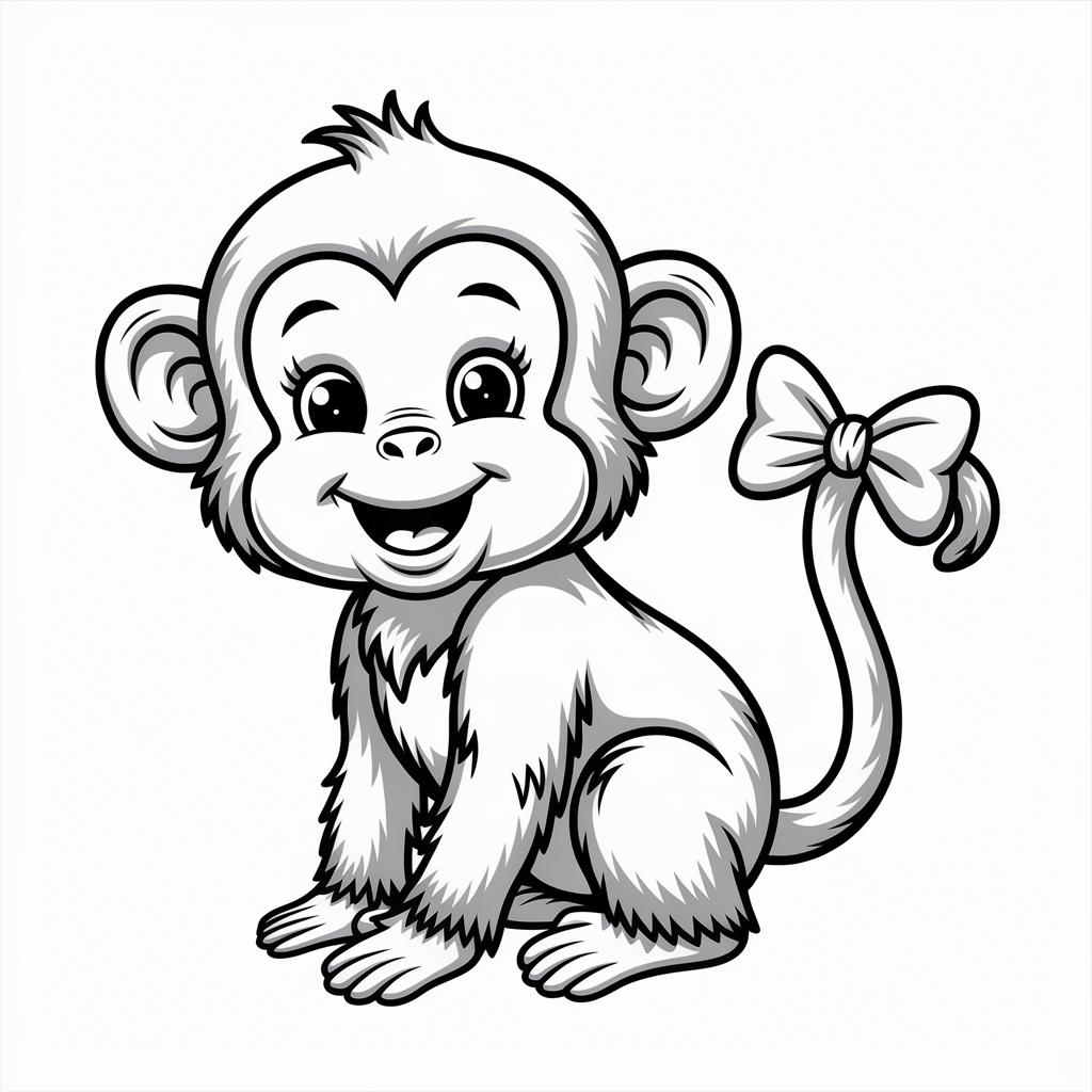 Cute Monkey with Bow Tail Coloring Sheet