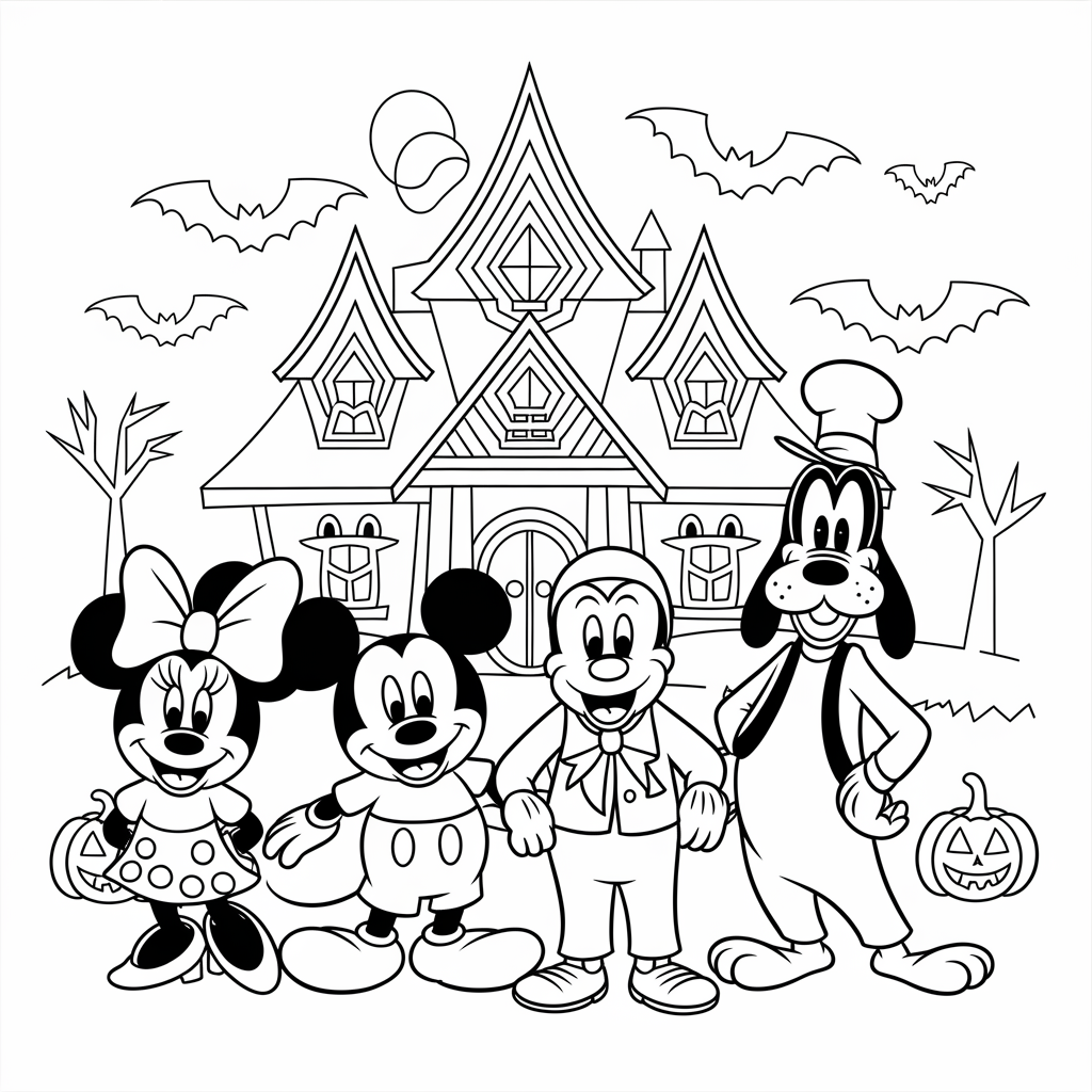 Free Disney Halloween Haunted House Coloring Page with Mickey & Friends