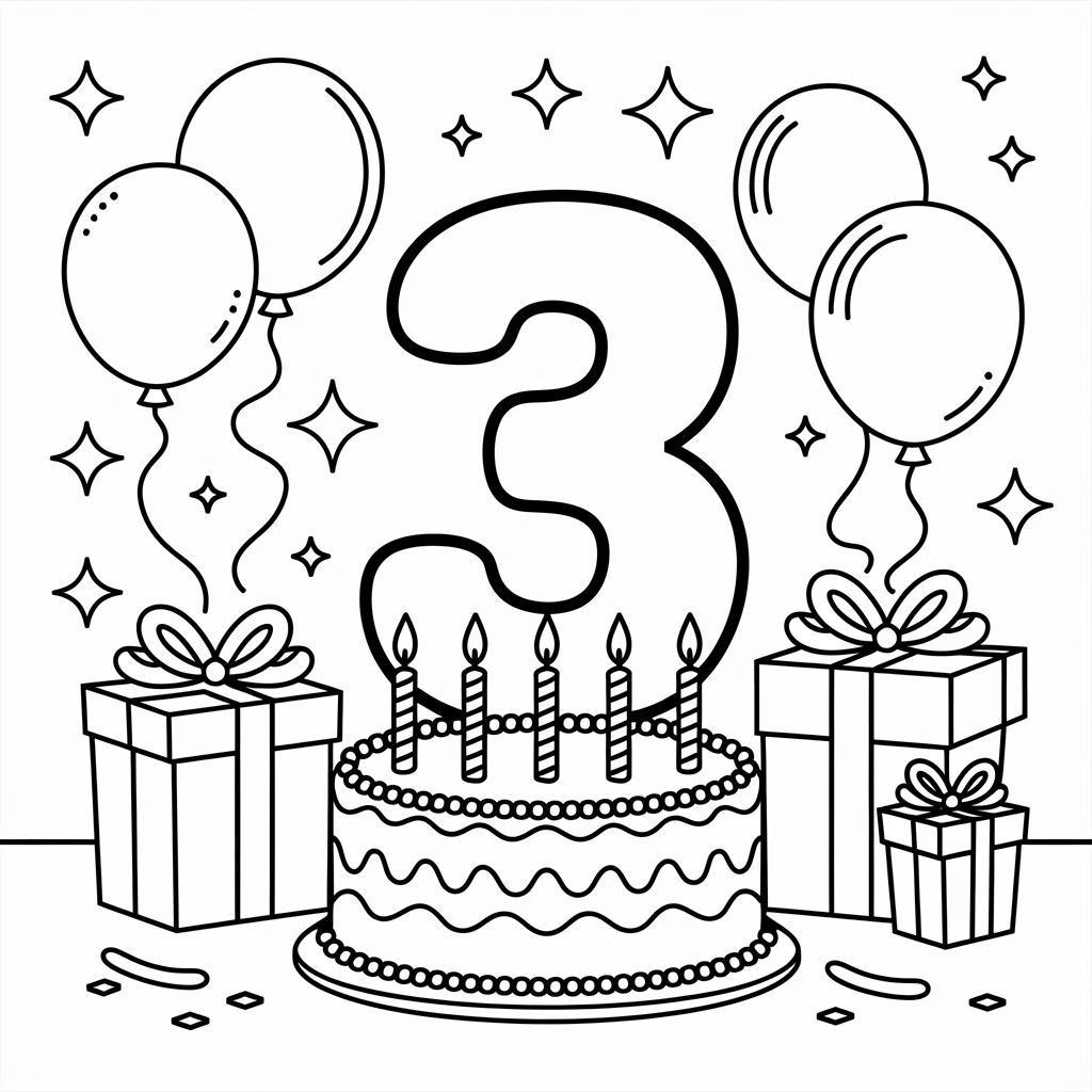  Number 3 Coloring Page with Birthday Party Theme