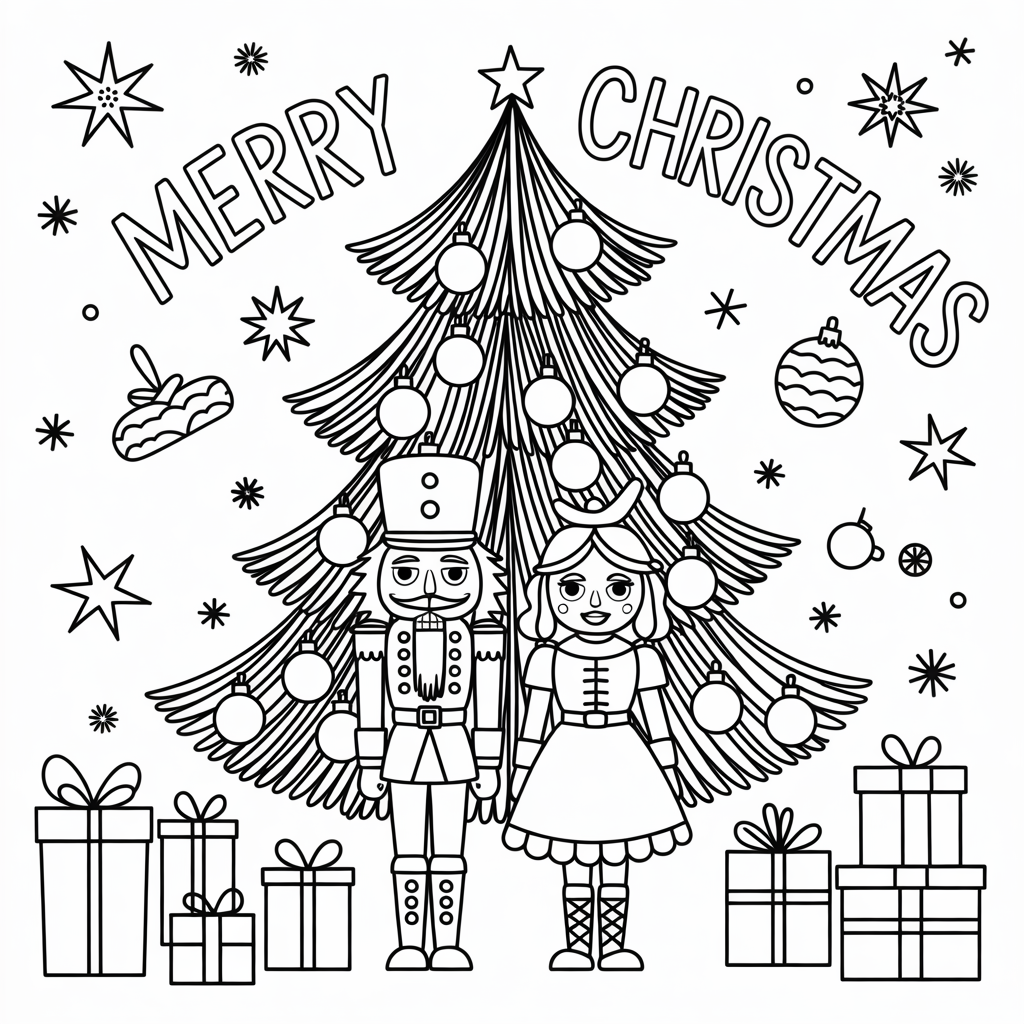 Nutcracker and Clara Christmas Card Coloring Page for Kids