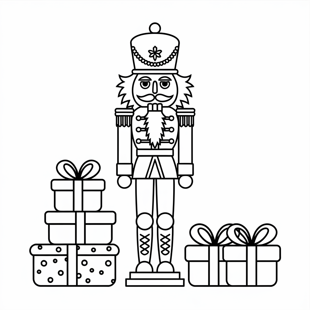 Nutcracker Guarding Christmas Gift Tower Coloring Page for Kids