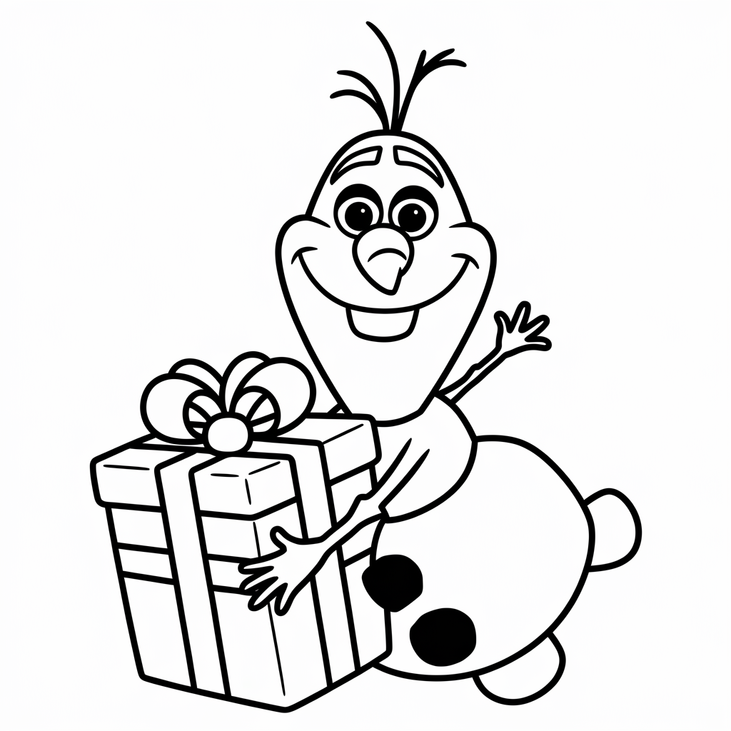 Cute Olaf Hugging a Gift Christmas Present Coloring Page Printable