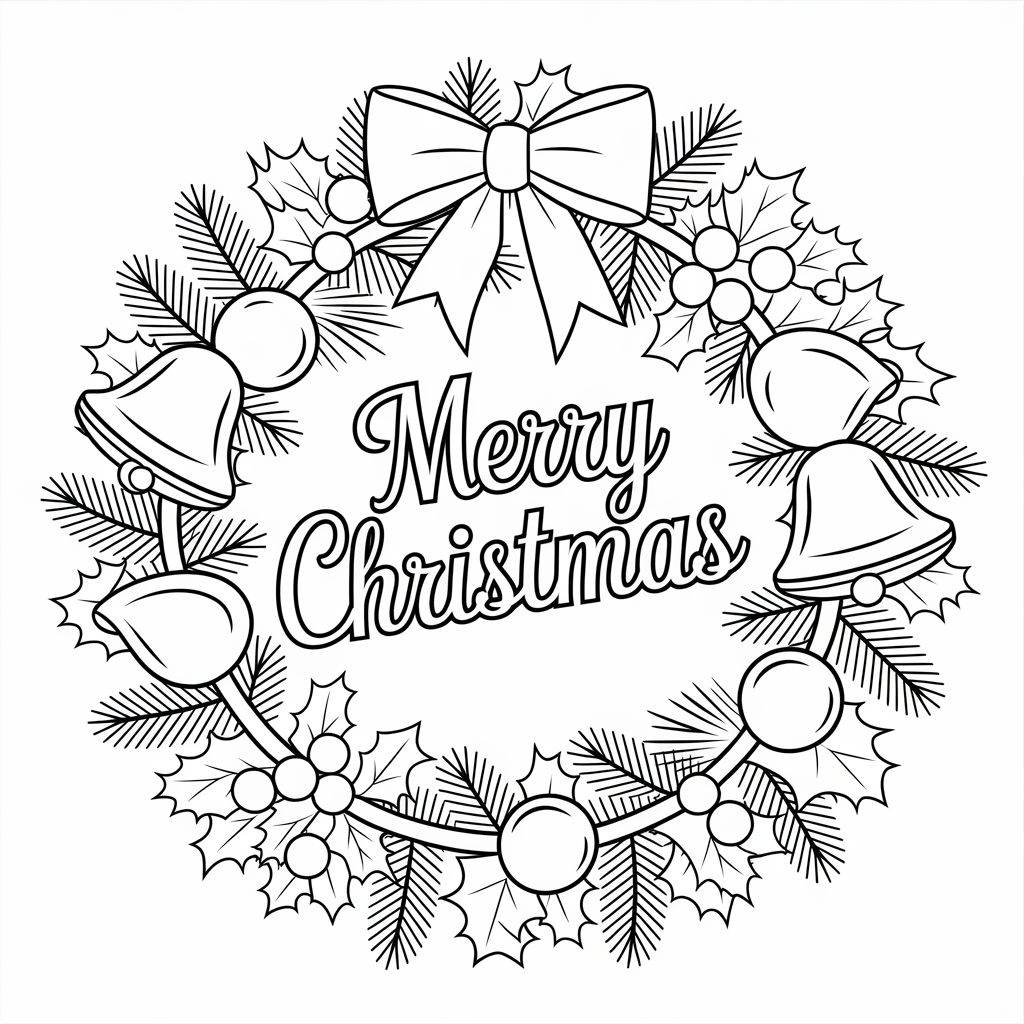 Festive Wreath Merry Christmas Coloring Pages for All Ages