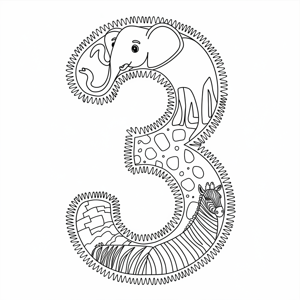  Number 3 Coloring Page with Cute Zoo Animals