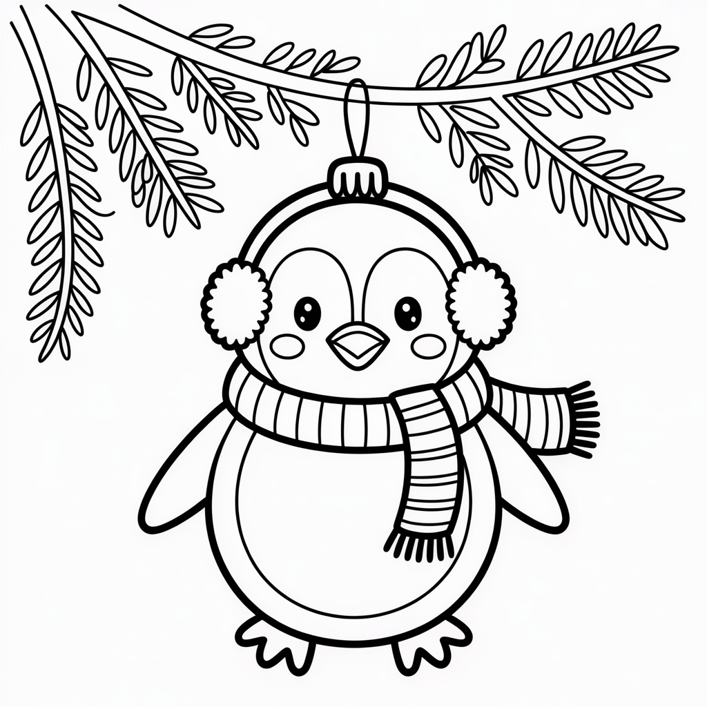 Penguin Ornament Christmas Coloring Page with Winter Scarf