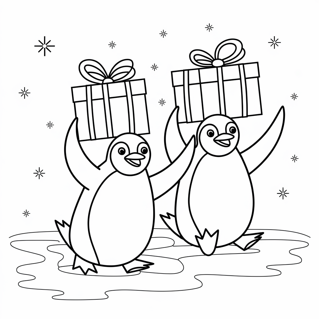 Penguins Sliding with Christmas Gifts Coloring Sheet Printable