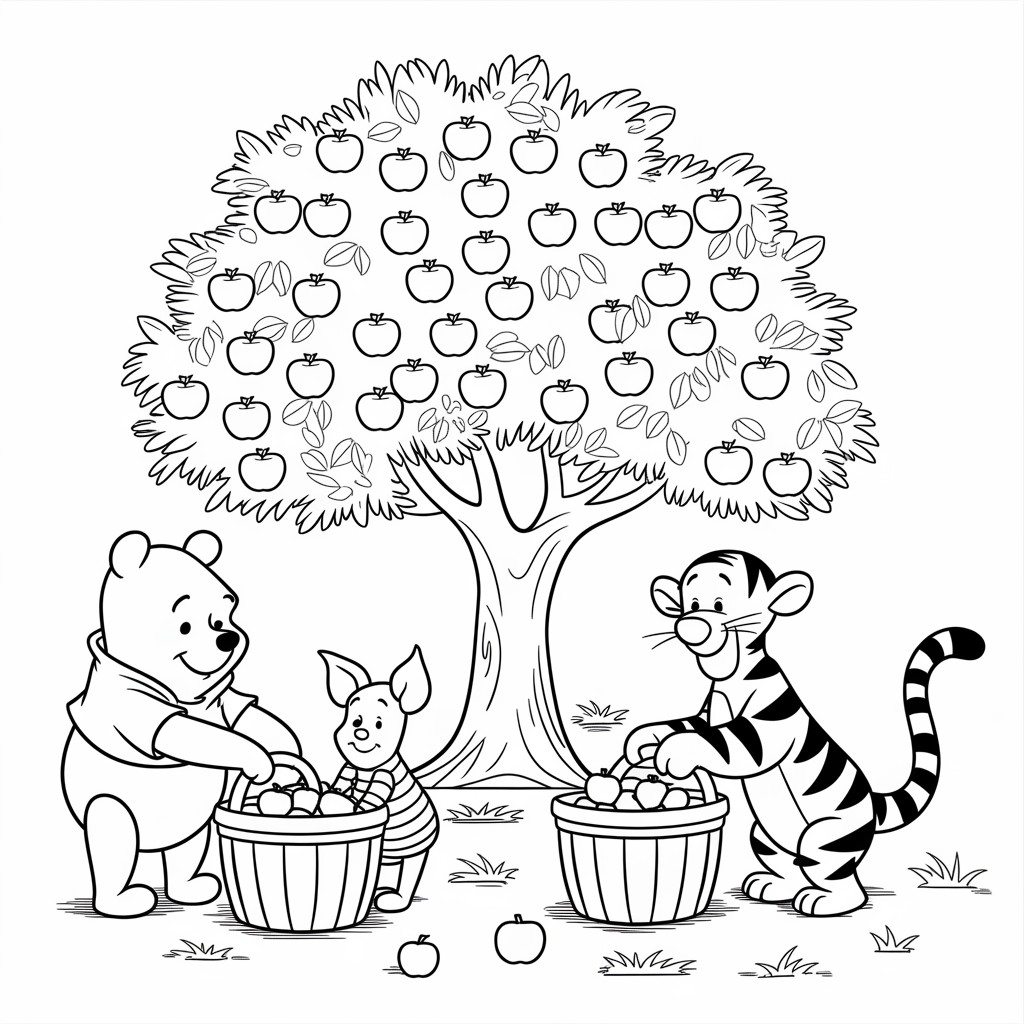 Winnie the Pooh Apple Picking September Coloring Sheets for Preschoolers