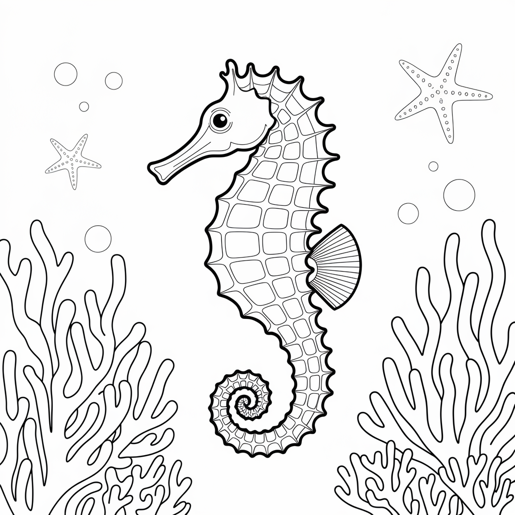 Seahorse and Coral Reef Coloring Pages