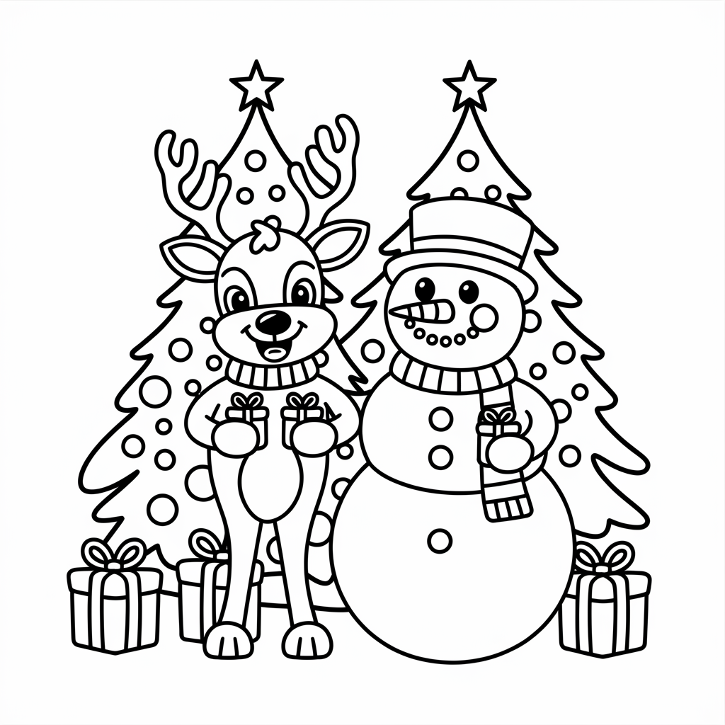 Friendly Reindeer and Snowman Christmas Coloring Page to Print