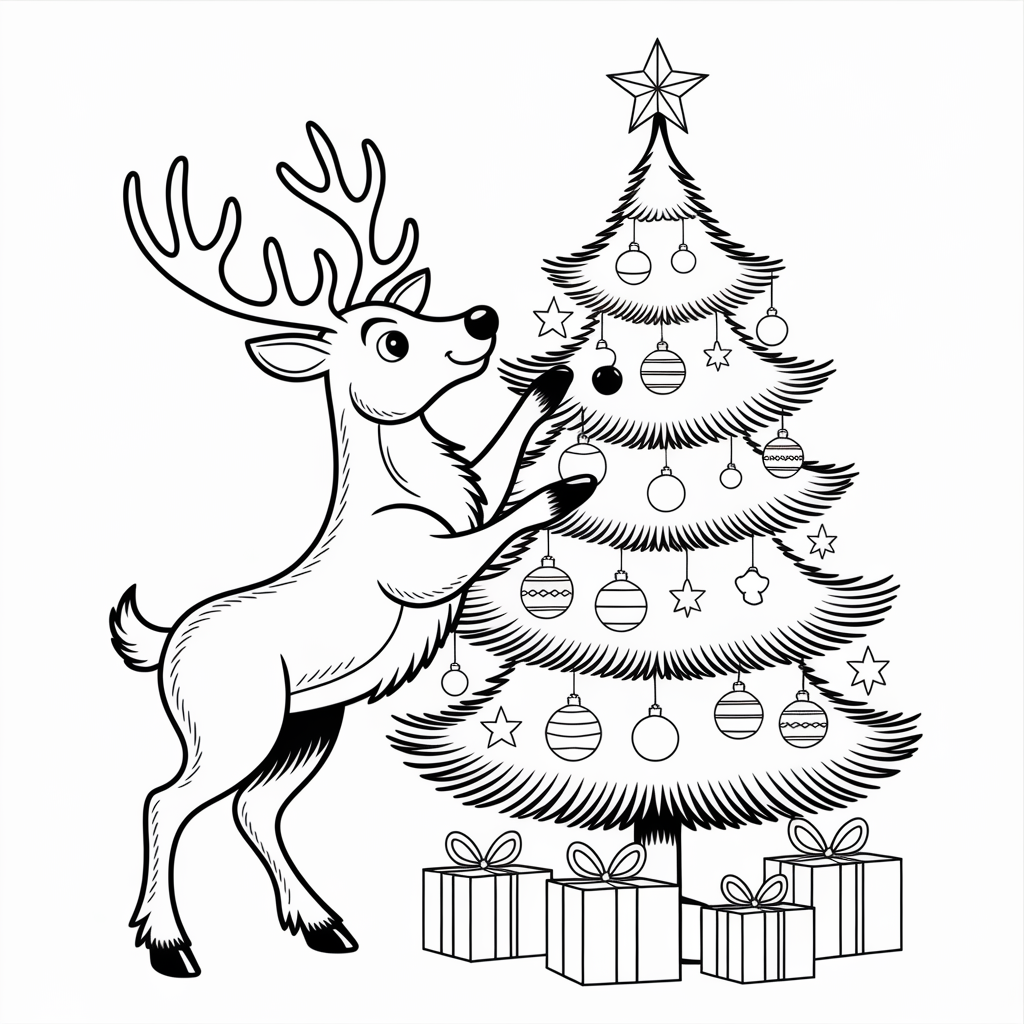 Cute Reindeer Decorating a Christmas Tree Coloring Page Printable