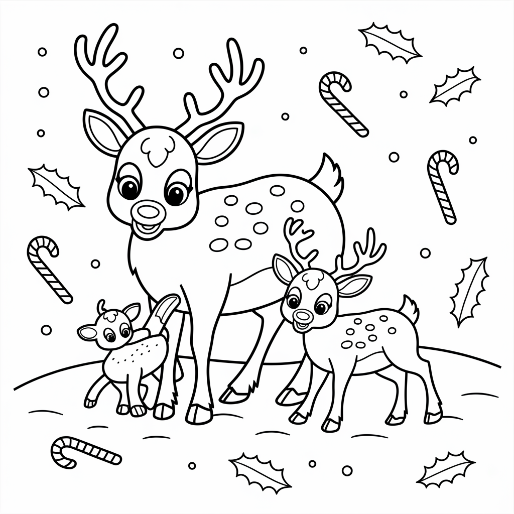 Cute Reindeer Family in the Snow Christmas Coloring Page Printable