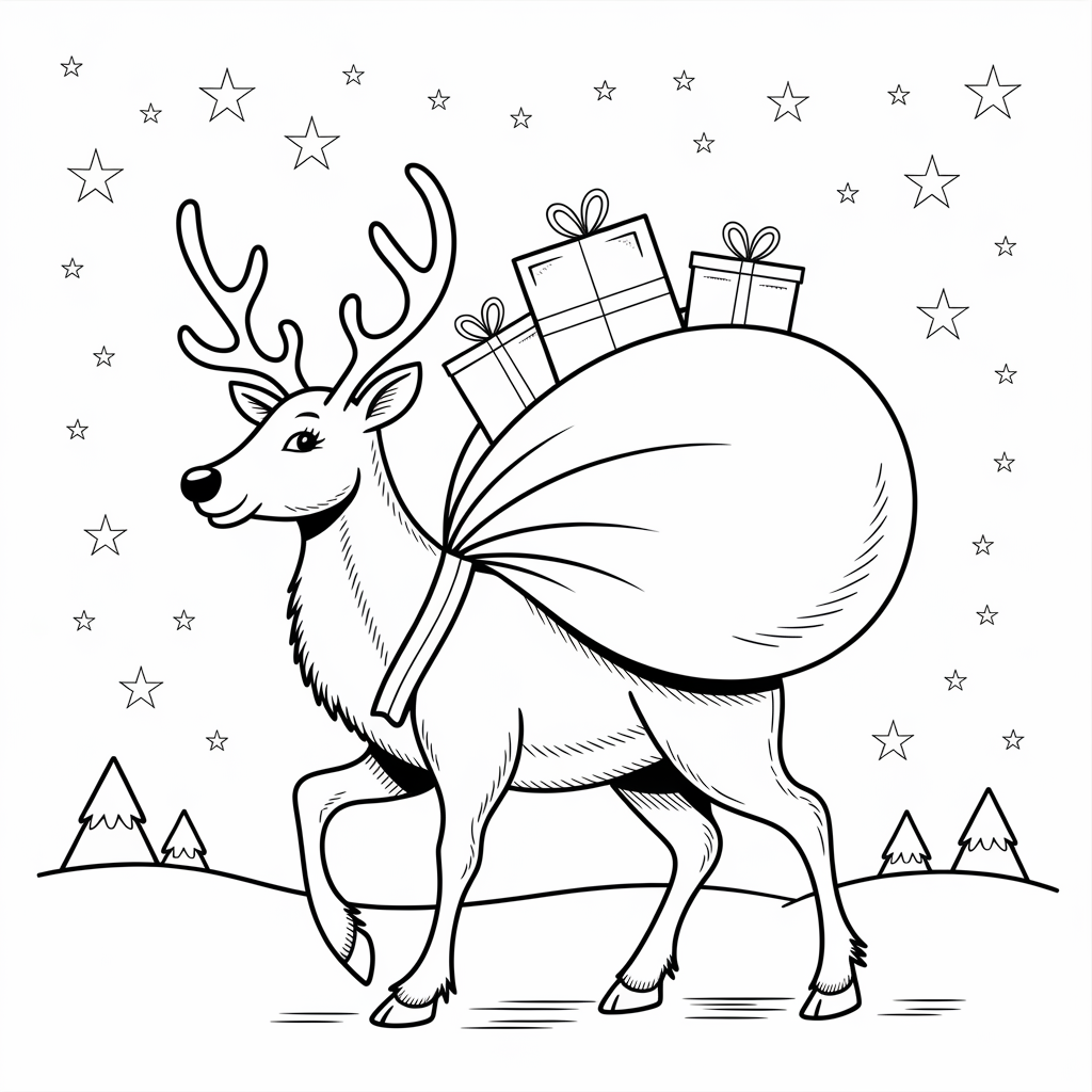 Reindeer Delivering Gifts Christmas Coloring Page Free Printable