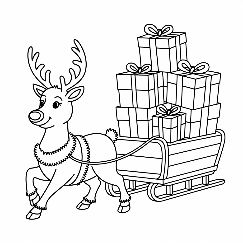 Reindeer Pulling a Sled of Presents Coloring Page for Holiday Fun