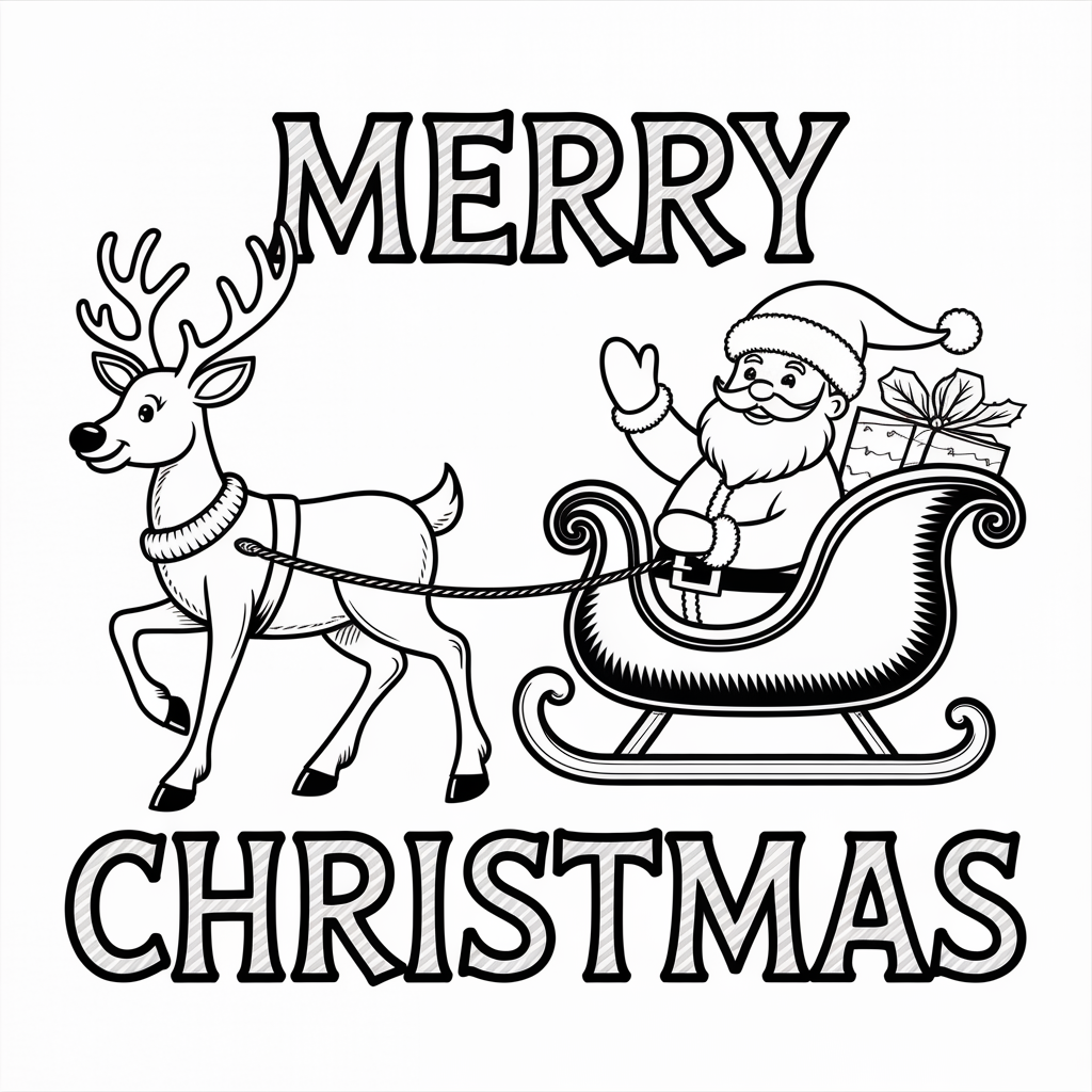 Reindeer and Sleigh Merry Christmas Coloring Pages to Print