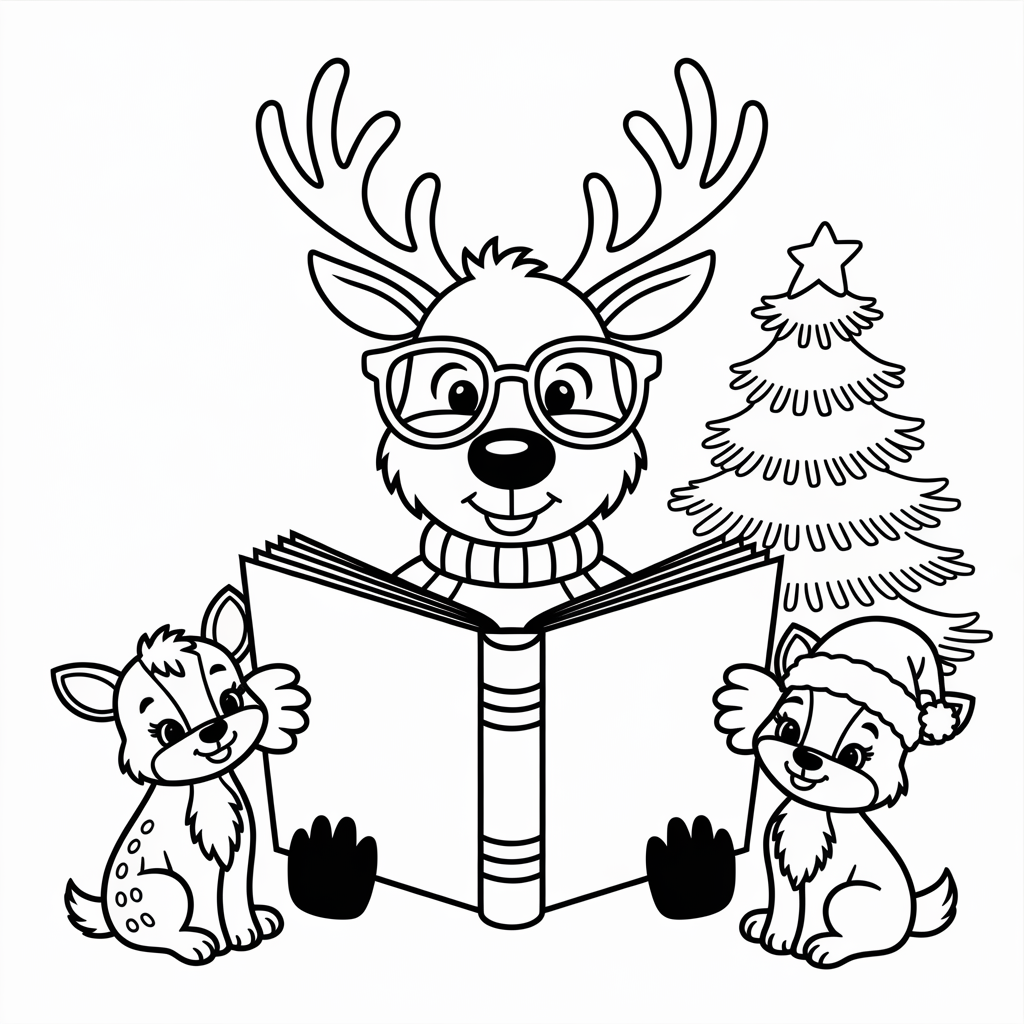 Reindeer Reading a Christmas Storybook Coloring Page Free for Kids