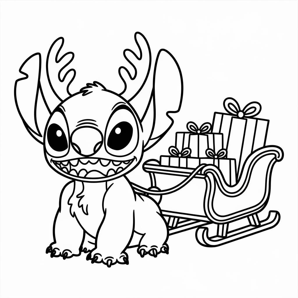 Reindeer Stitch Pulling Sleigh Christmas Coloring Page Free Download