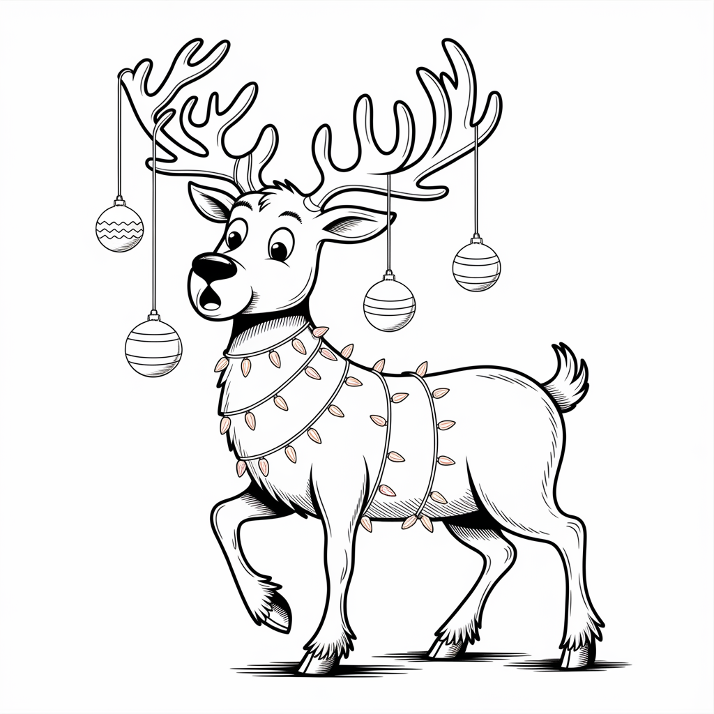 Funny Reindeer Tangled in Christmas Lights Coloring Sheet for Kids