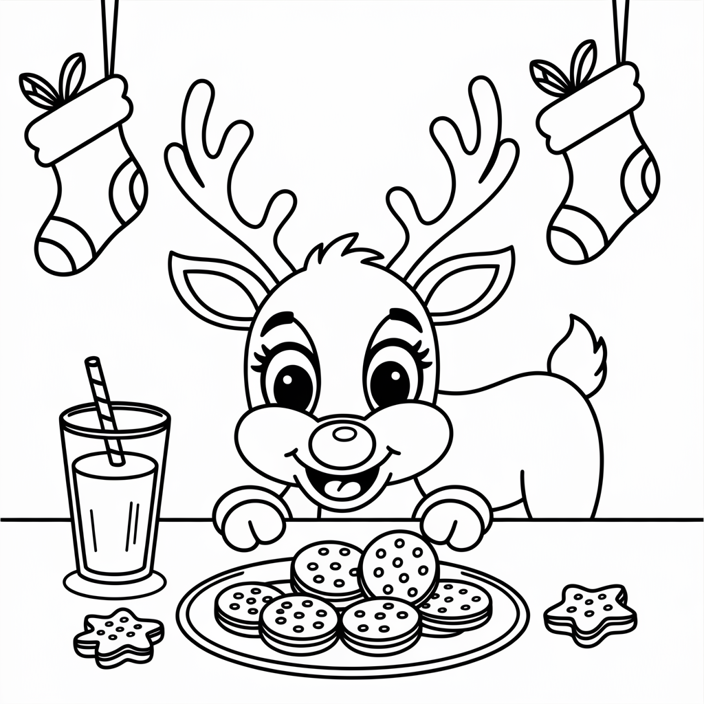 Sneaky Reindeer with Christmas Cookies Coloring Page to Print