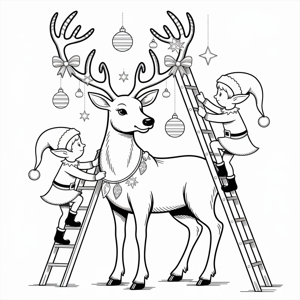 Reindeer with Elves Decorating Antlers Coloring Page for Kids