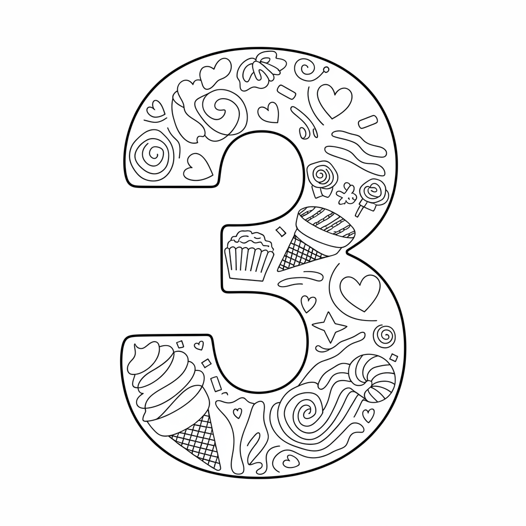 Number 3 Coloring Page with Ice Cream and Candy