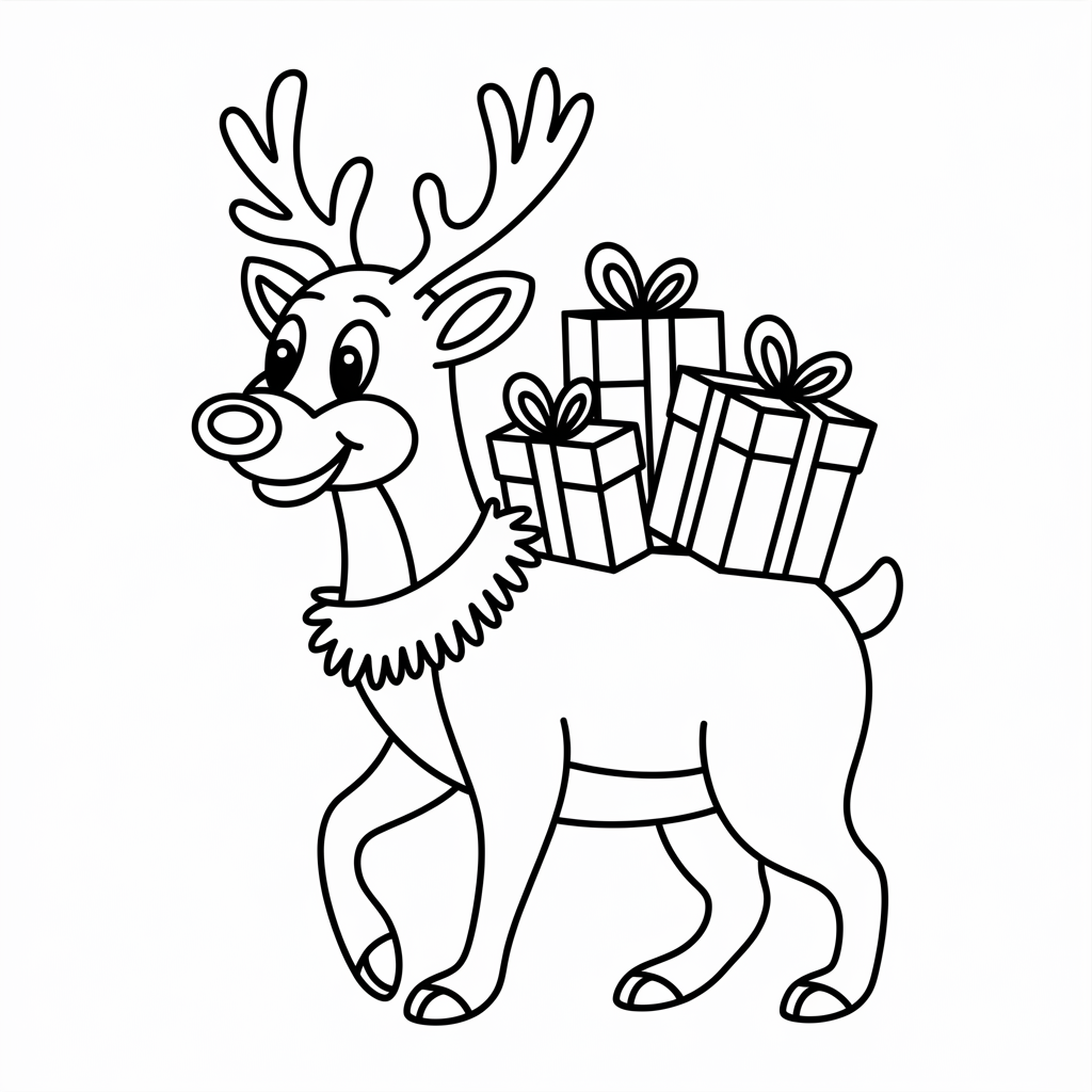 Rudolph Carrying Presents Christmas Coloring Page for Children