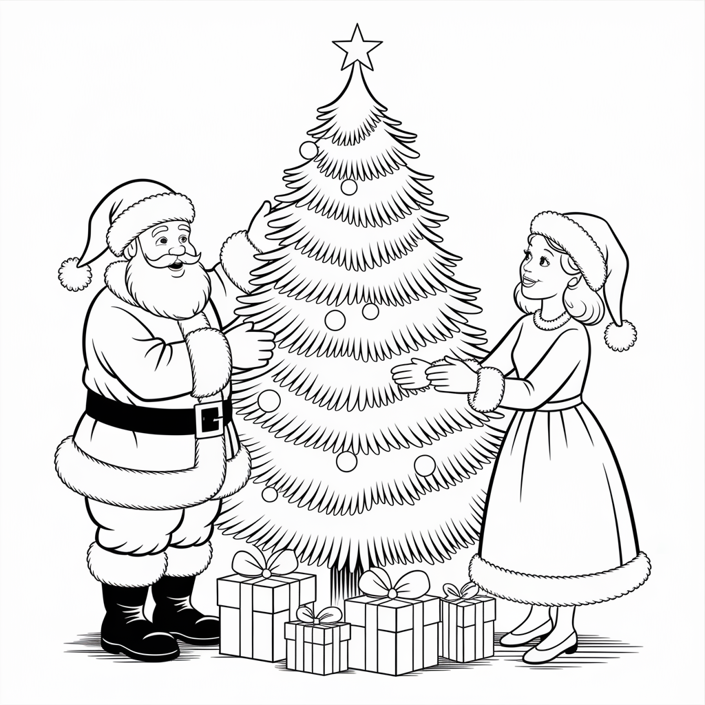 Santa and Mrs. Claus Decorating a Tree 