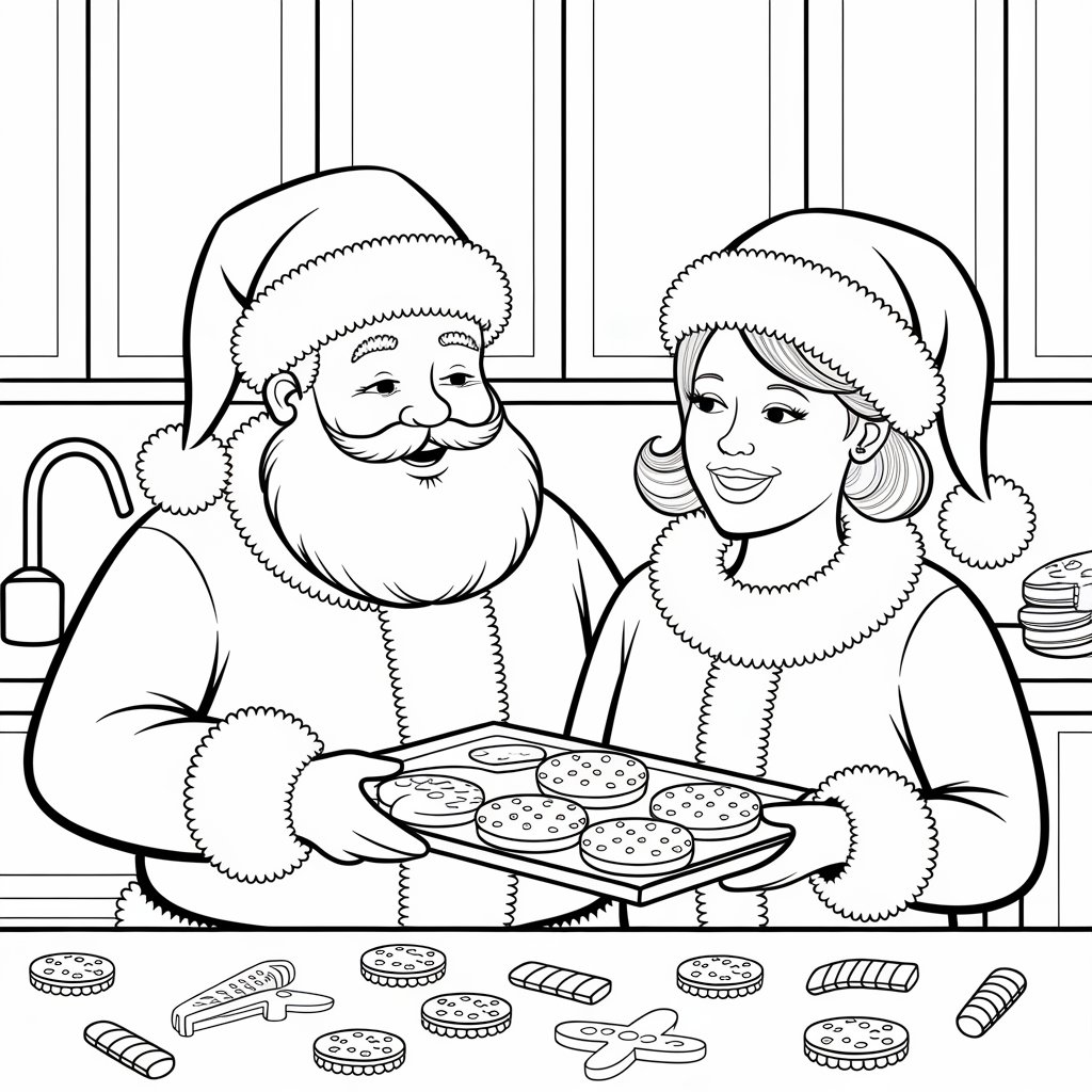 Santa Claus Coloring Pages with Mrs. Claus Baking Cookies