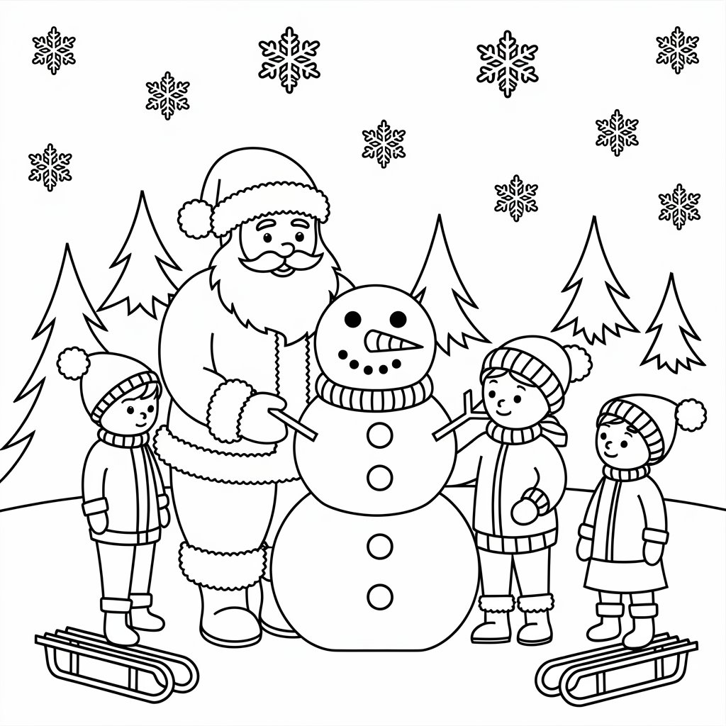 Santa Claus Coloring Pages with Snowman and Children