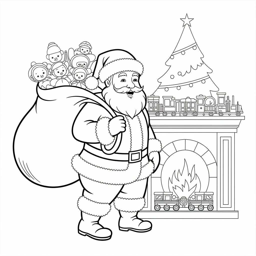 Holiday Santa Claus Coloring Pages with Toy Bag and Gifts
