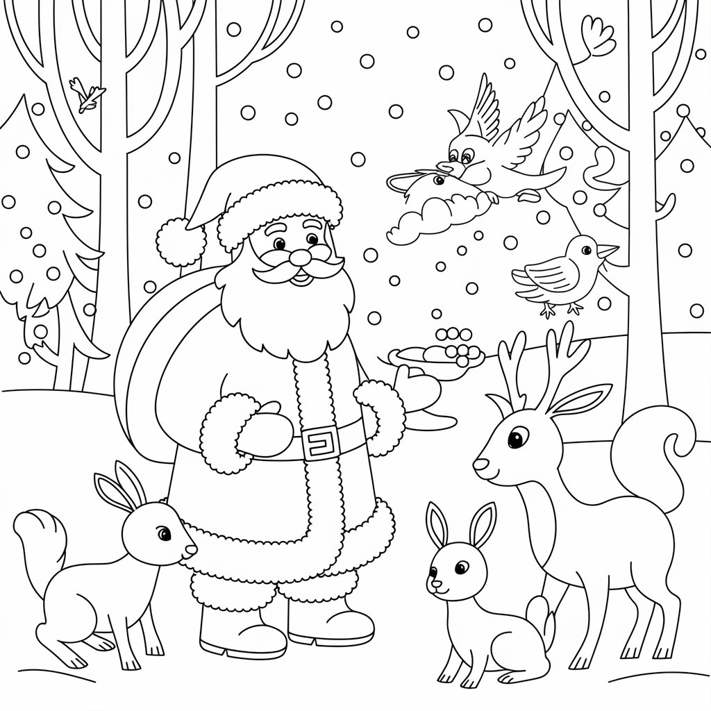 Cute Santa Claus Coloring Pages with Woodland Animals