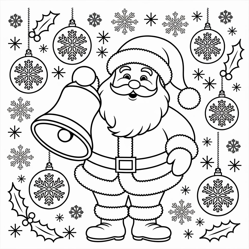 Santa Claus Coloring Pages with Snowflakes and Christmas Bells