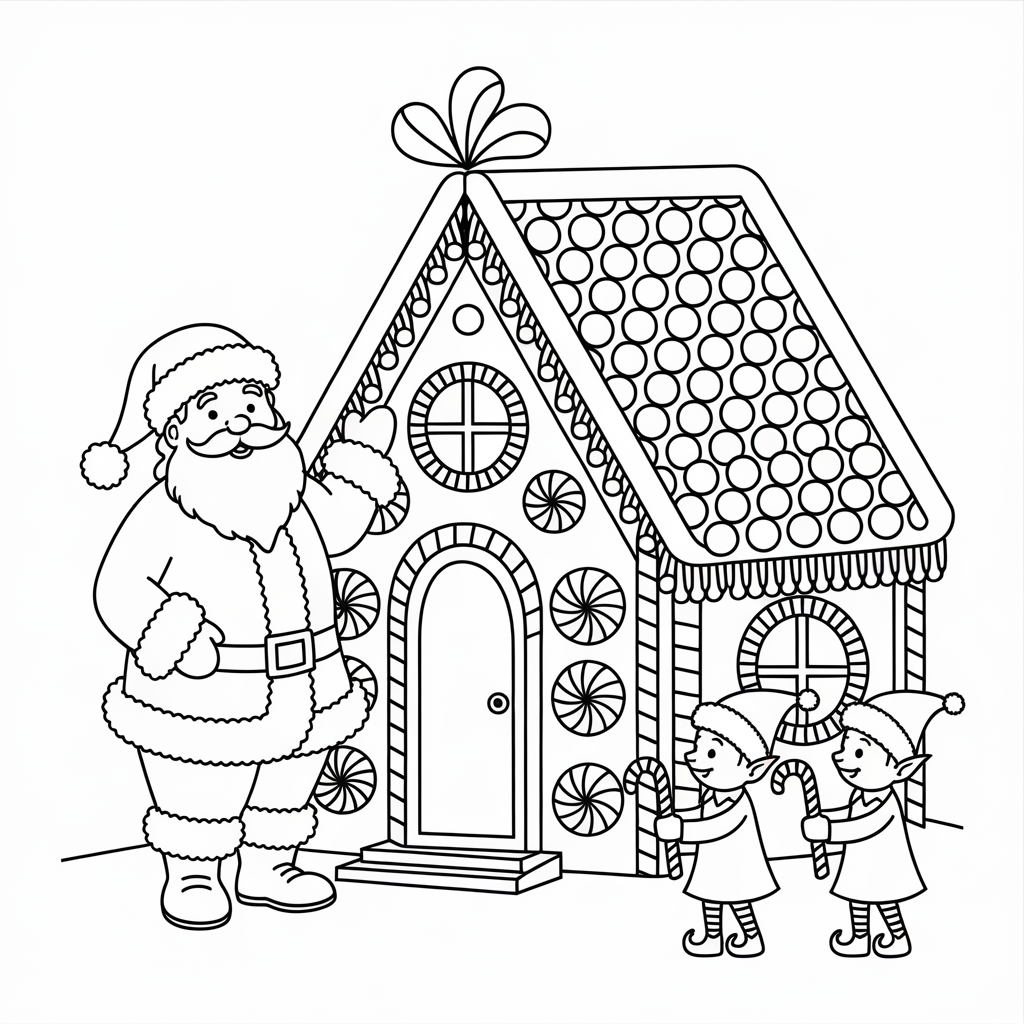 Magical Christmas Gingerbread House Coloring Pages with Santa & Elves