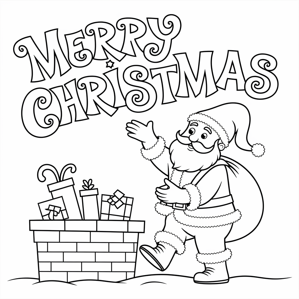 Santa Coming Down Chimney Merry Christmas Coloring Pages