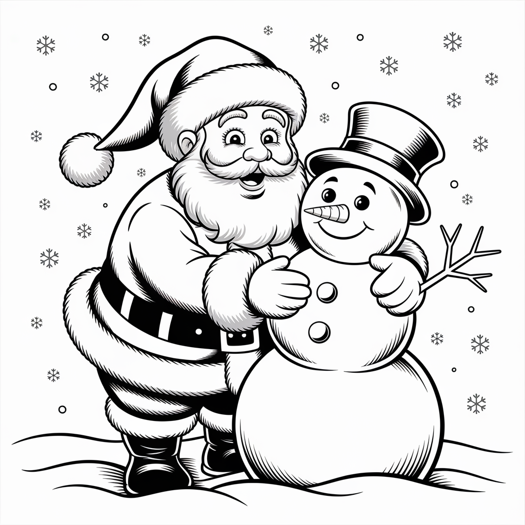 Santa hugging a happy snowman, thick bold outlines for coloring
