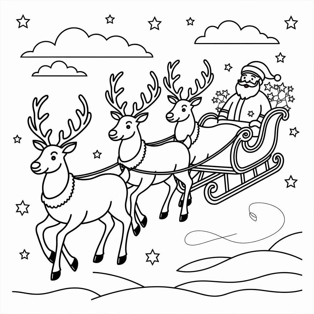Free Printable Santa’s Sleigh Reindeer Christmas Coloring Page for Kids