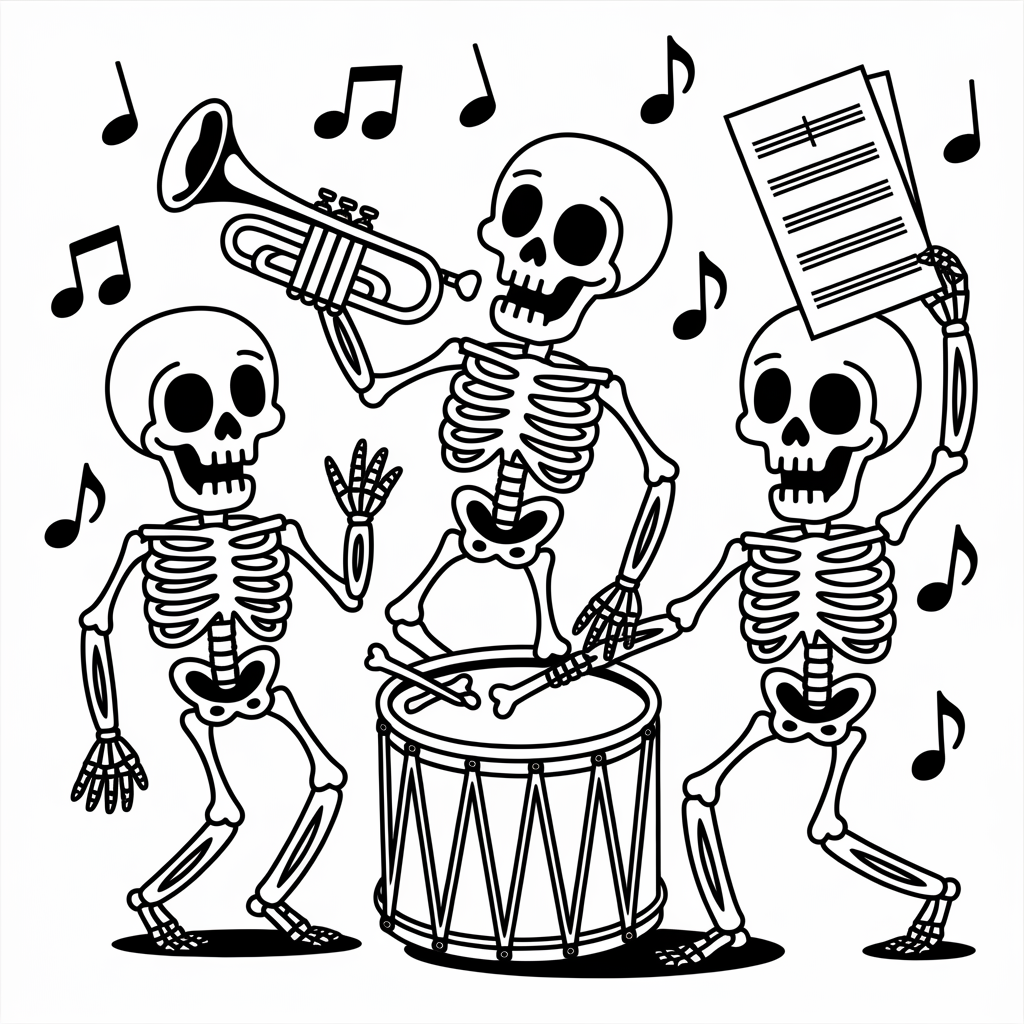 Skeleton Band Practice Coloring Page 