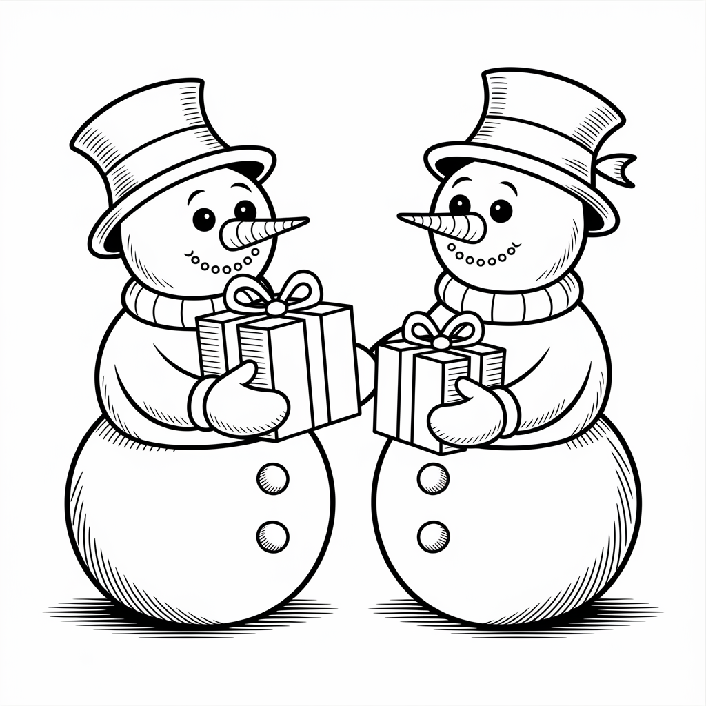 Snowmen Exchanging Presents Coloring Page for Kids to Print