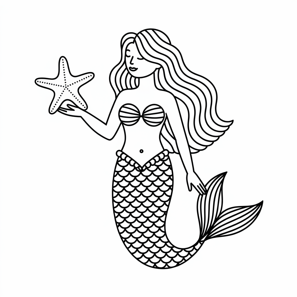 Starfish and Mermaid Coloring Page 