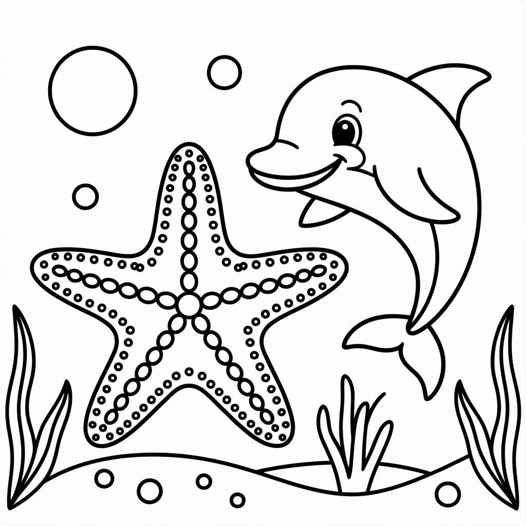 Starfish with Dolphin Coloring Page
