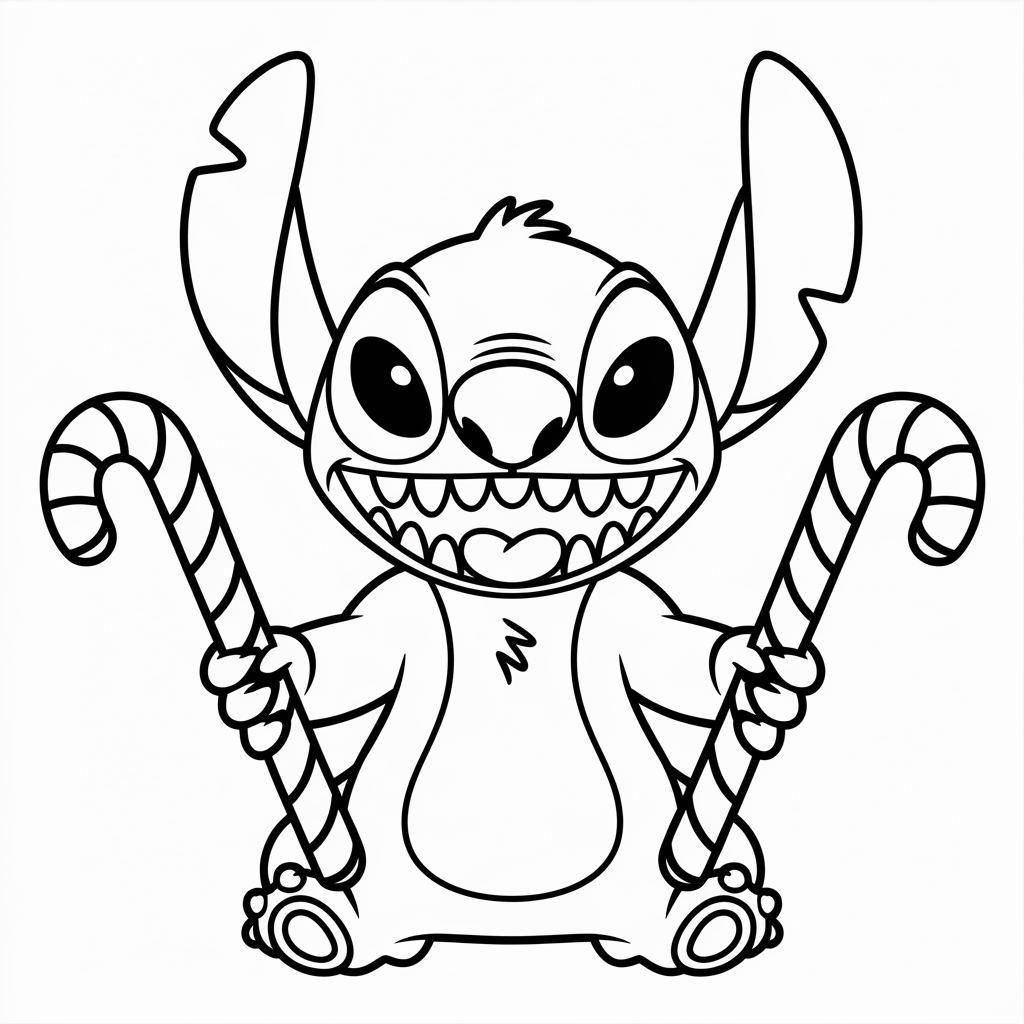 Mischievous Stitch with Candy Canes Christmas Coloring Sheet