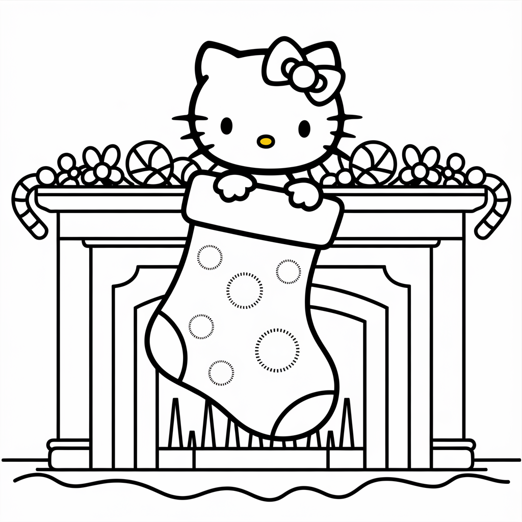 Cute Hello Kitty in a Christmas Stocking Coloring Page