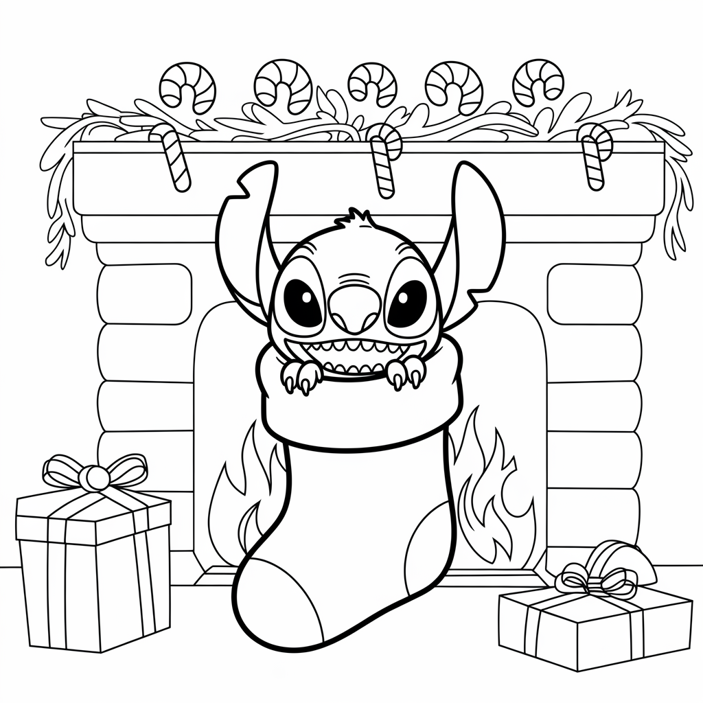 Cute Stocking Surprise Stitch Christmas Coloring Page Free Download