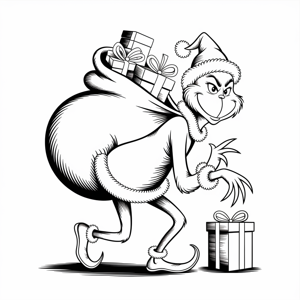 The Grinch Sneaking Gifts Christmas Present Coloring Sheet Free Download
