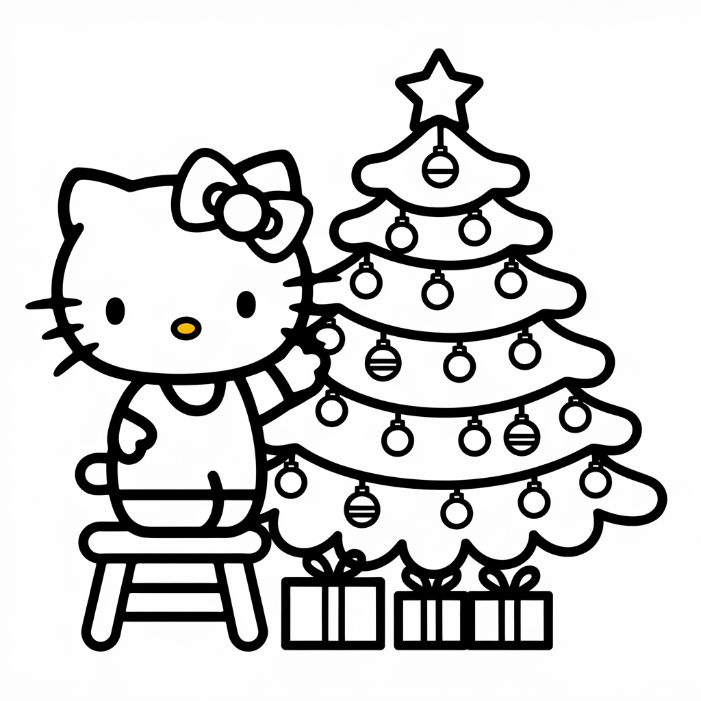 Hello Kitty Decorating the Christmas Tree Coloring Page