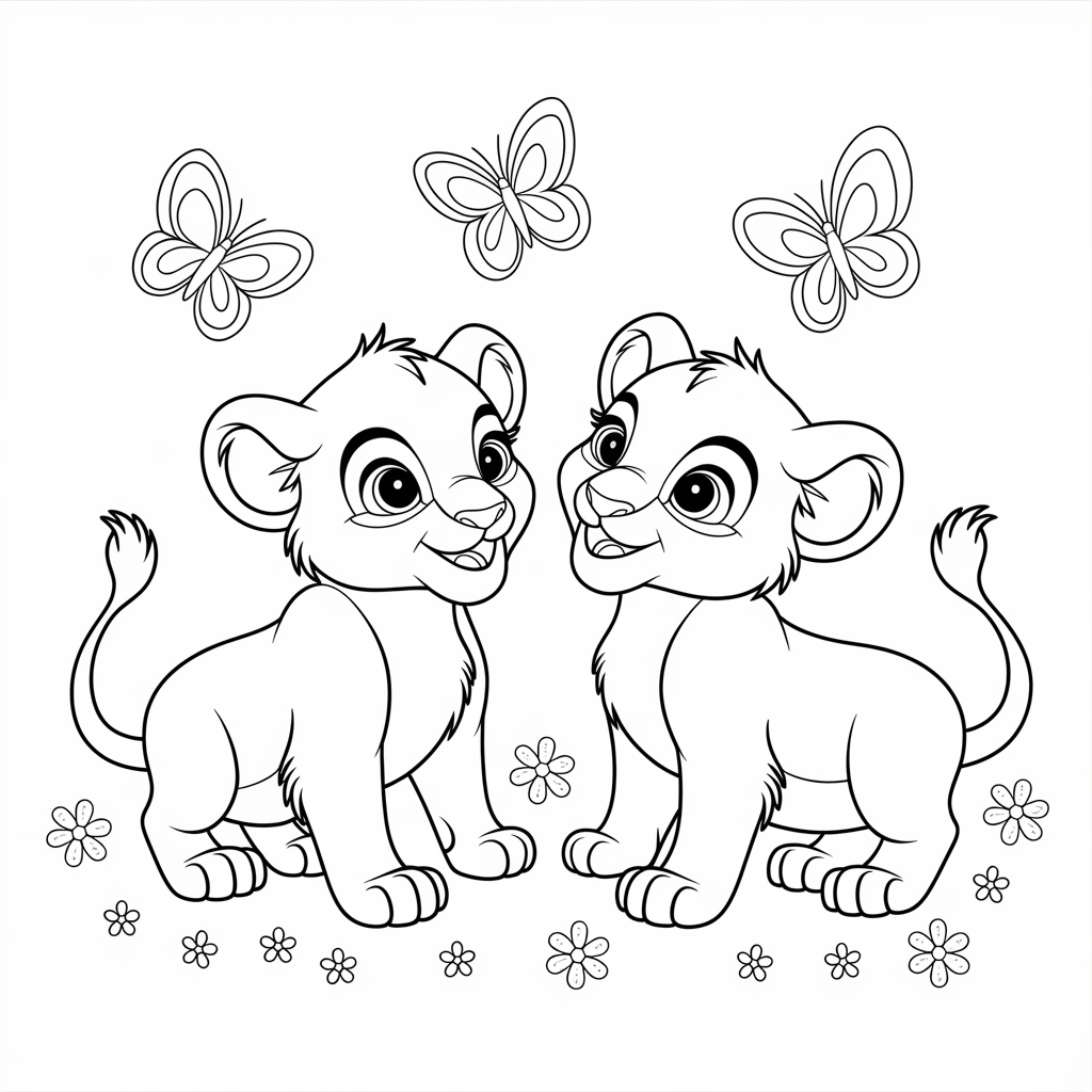 Two Playful Lion Cubs Coloring Picture for Kids