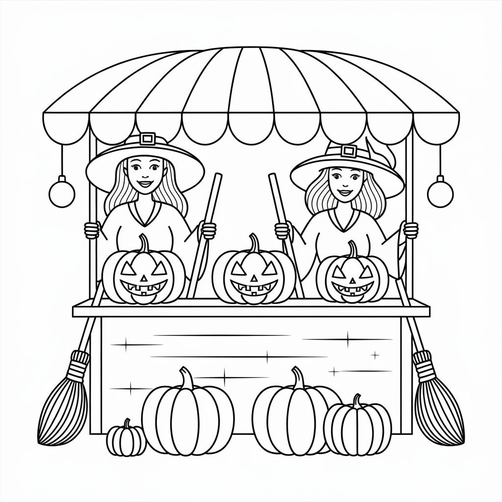 Witches at the Pumpkin Market Halloween Coloring Pages Free Printable