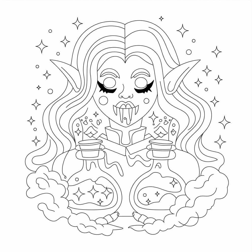 Vampire with Magic Potions Coloring Page – Spooky and Fun Free Printable