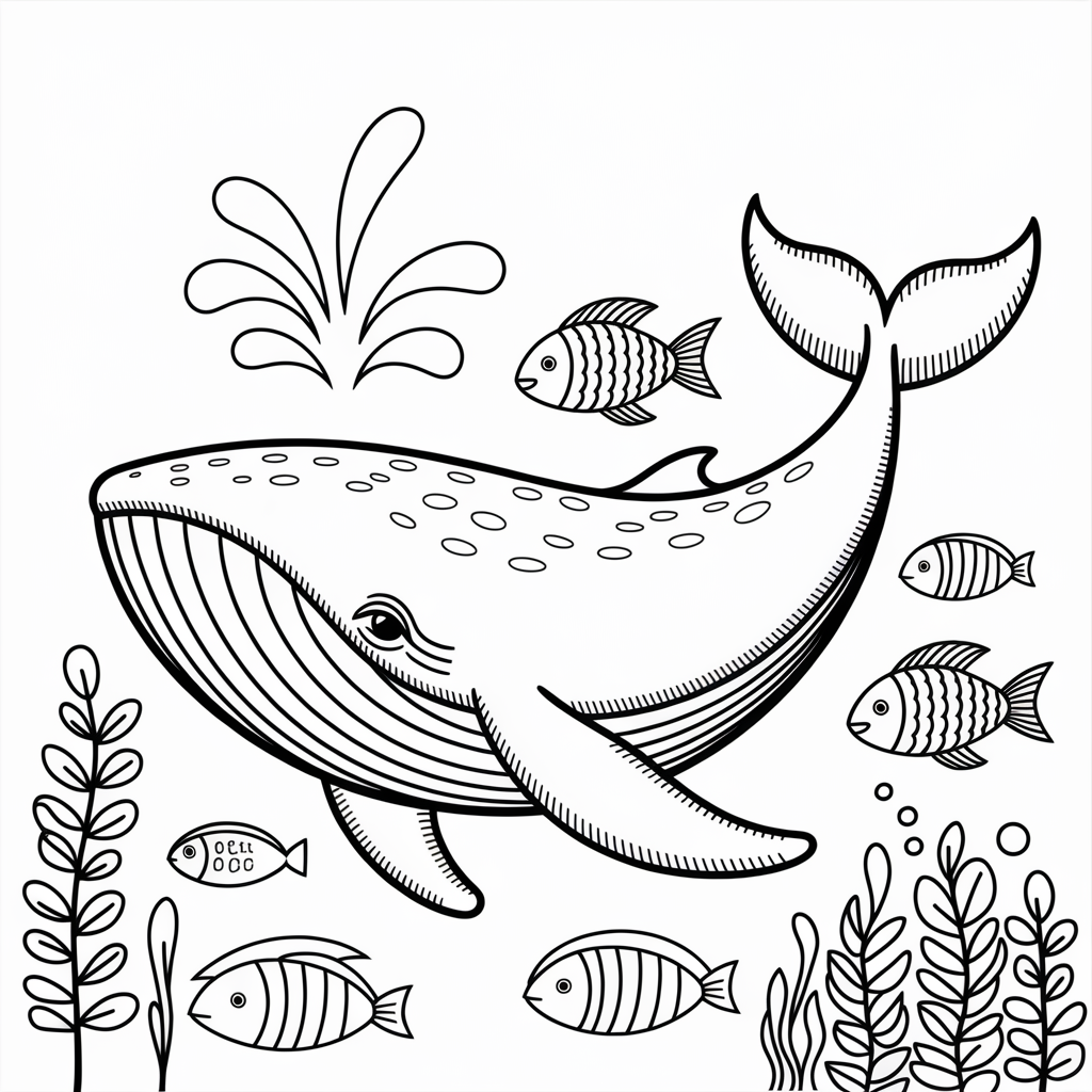 Whale with Fish Friends Coloring Page