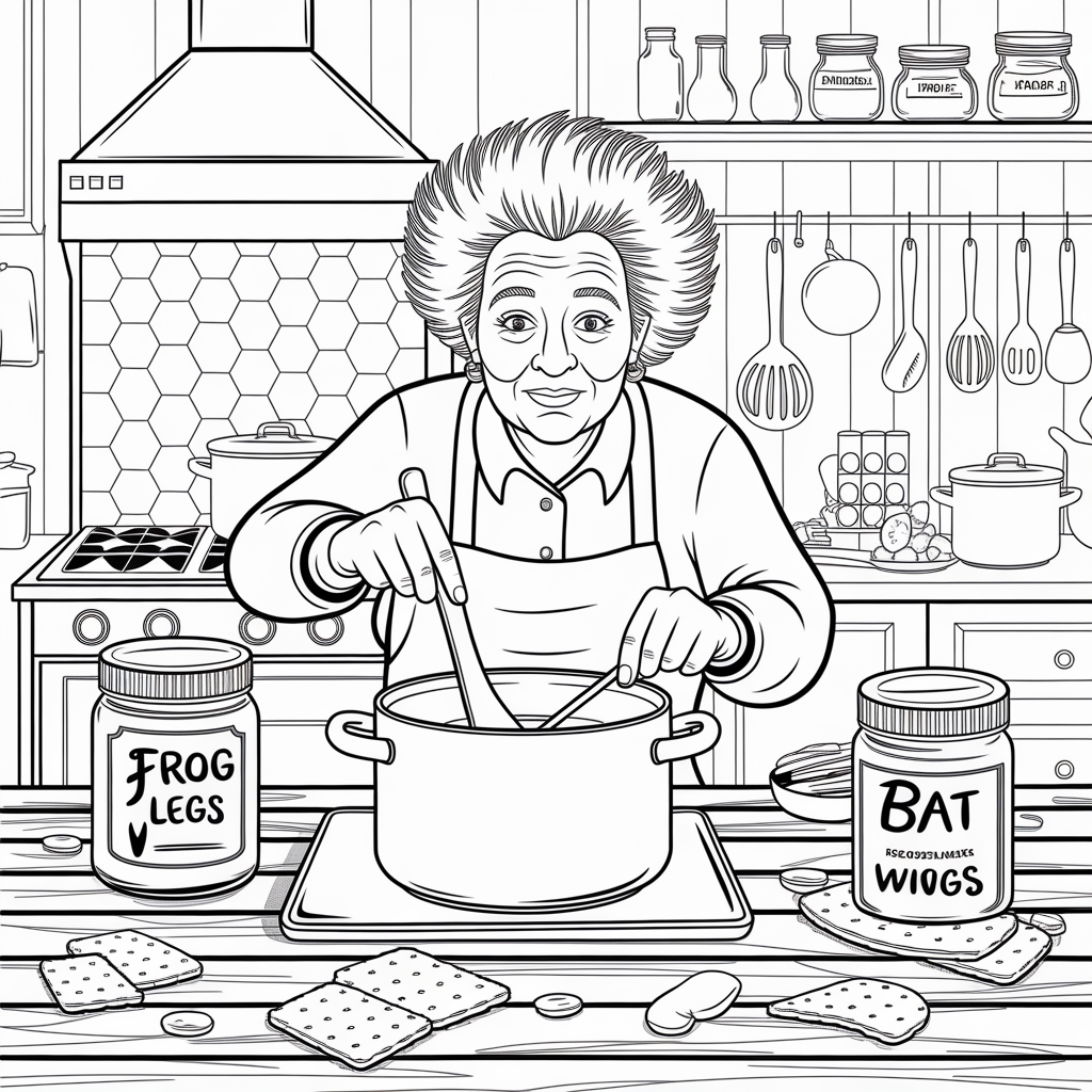 Creaky Kitchen Witch Brewing Potion Soup -halloween Coloring Sheet