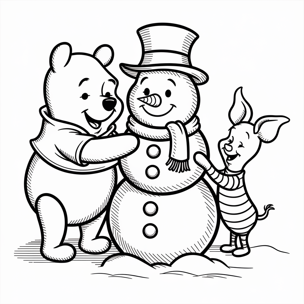 Pooh and Piglet Building a Snowman Christmas Coloring Pages for Preschool Kids
